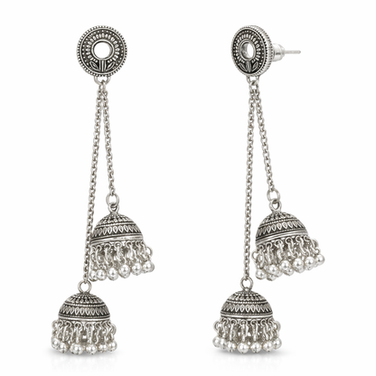 Antique Silver Oxidised Tone Plated Long Drop Chain Double Jhumka Earrings with Round Stud & Ghungroo For Women (SJE_334_S_D2)