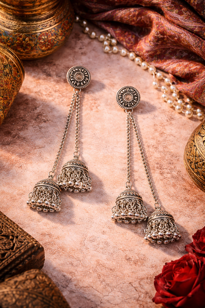 Antique Silver Oxidised Tone Plated Long Drop Chain Double Jhumka Earrings with Round Stud & Ghungroo For Women (SJE_334_S_D2)