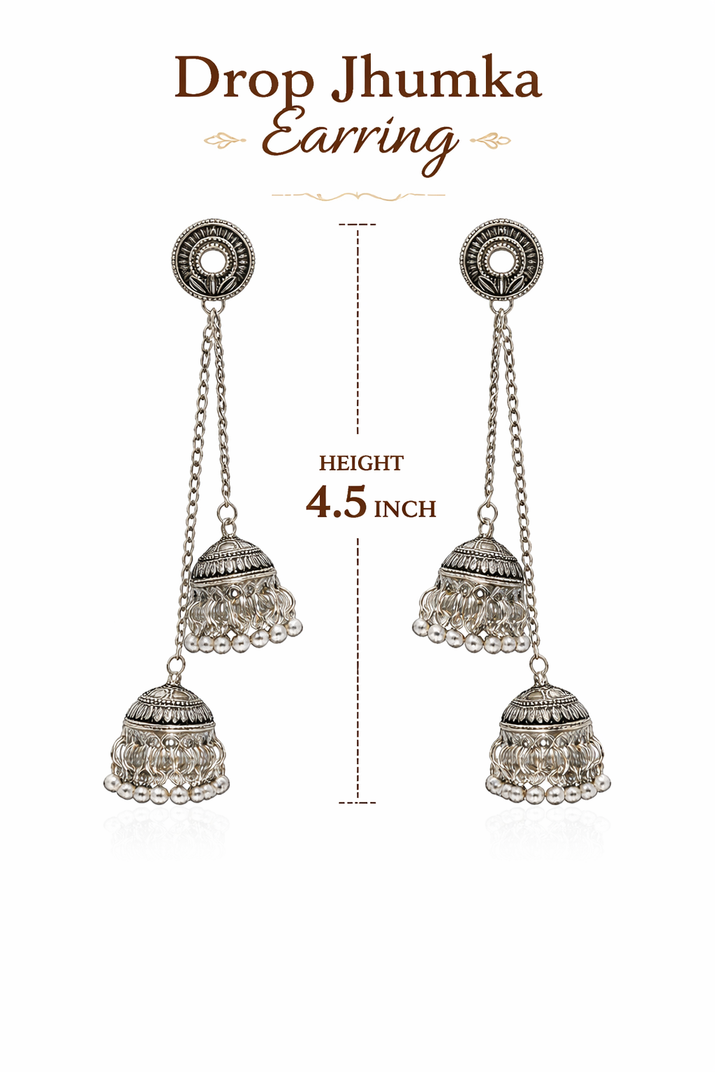 Antique Silver Oxidised Tone Plated Long Drop Chain Double Jhumka Earrings with Round Stud & Ghungroo For Women (SJE_334_S_D2)