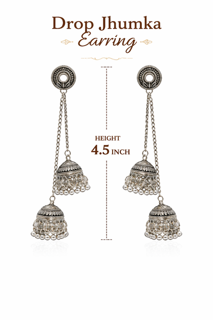 Antique Silver Oxidised Tone Plated Long Drop Chain Double Jhumka Earrings with Round Stud & Ghungroo For Women (SJE_334_S_D2)