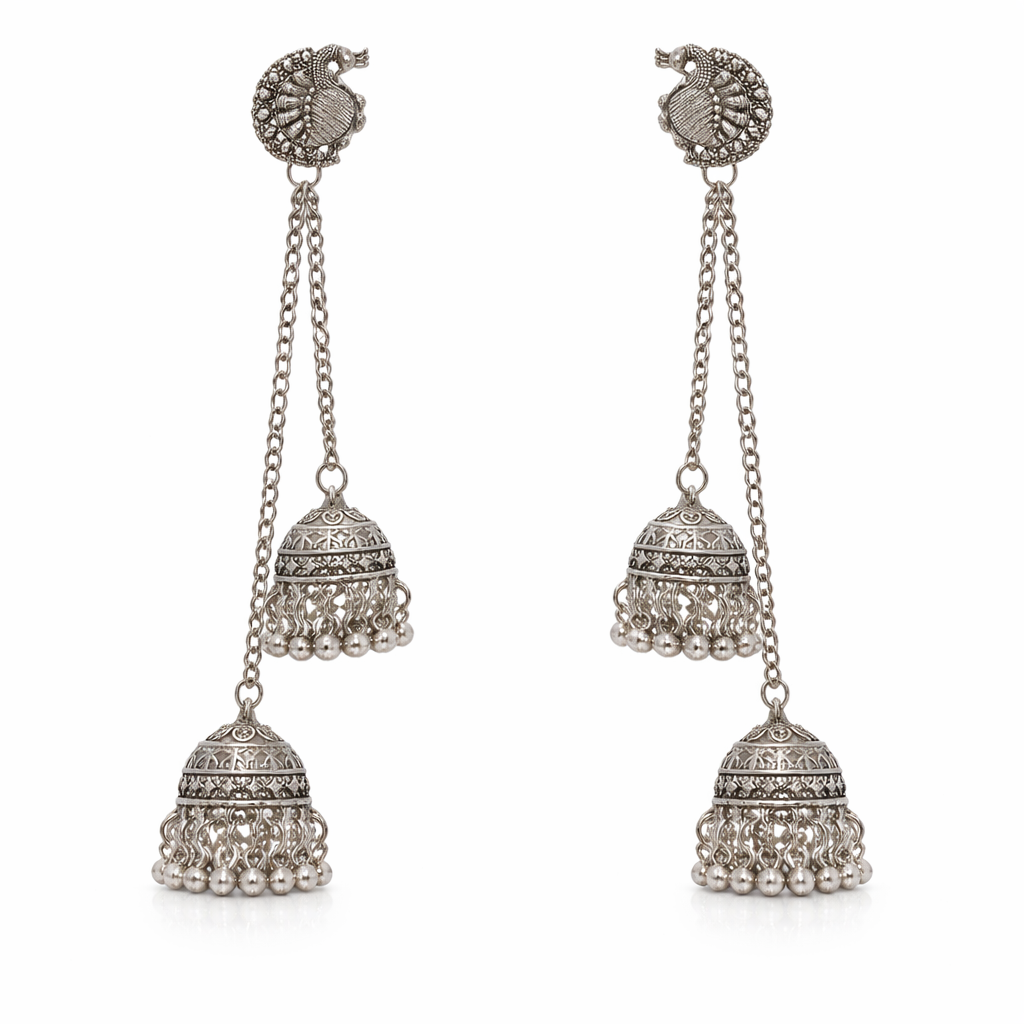 Antique Silver Oxidised Plated Long Drop Chain Double Jhumka Earrings with Round Peacock Stud & Ghungroo For Women (SJE_334_S_D3)