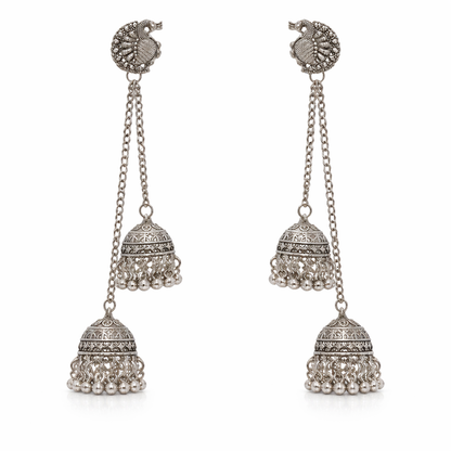 Antique Silver Oxidised Plated Long Drop Chain Double Jhumka Earrings with Round Peacock Stud & Ghungroo For Women (SJE_334_S_D3)