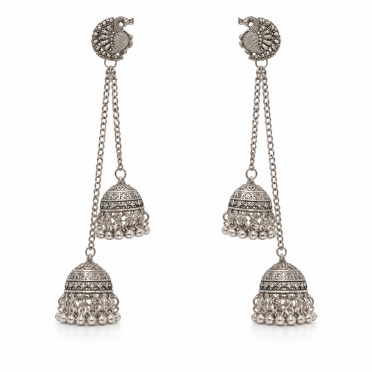 Antique Silver Oxidised Plated Long Drop Chain Double Jhumka Earrings with Round Peacock Stud & Ghungroo For Women (SJE_334_S_D3)