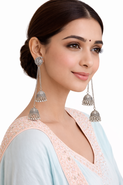 Antique Silver Oxidised Plated Long Drop Chain Double Jhumka Earrings with Round Peacock Stud & Ghungroo For Women (SJE_334_S_D3)