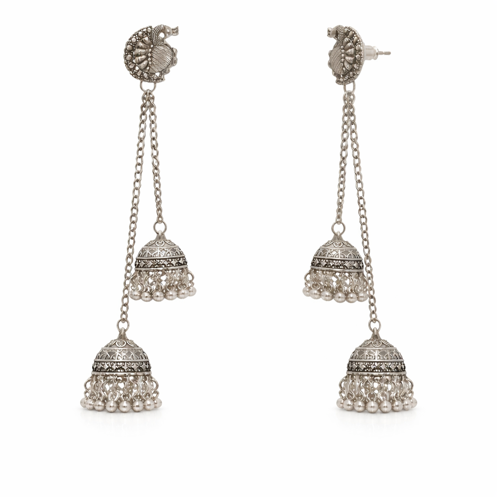 Antique Silver Oxidised Plated Long Drop Chain Double Jhumka Earrings with Round Peacock Stud & Ghungroo For Women (SJE_334_S_D3)
