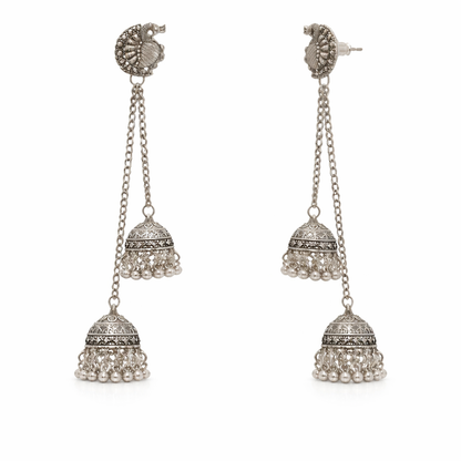 Antique Silver Oxidised Plated Long Drop Chain Double Jhumka Earrings with Round Peacock Stud & Ghungroo For Women (SJE_334_S_D3)