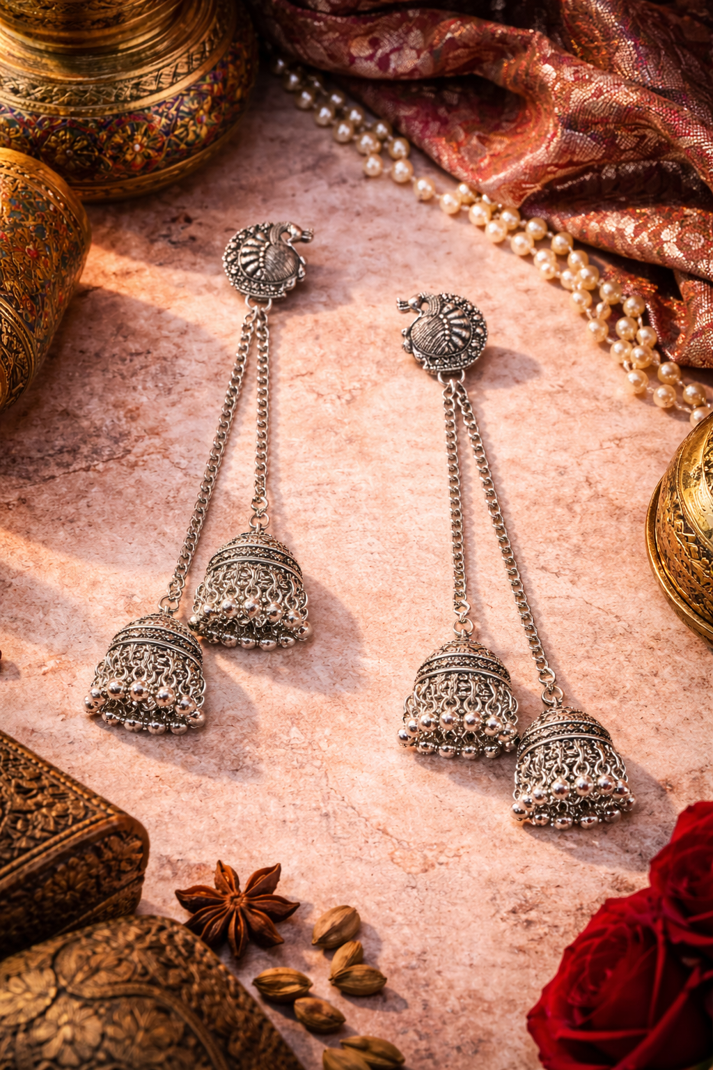 Antique Silver Oxidised Plated Long Drop Chain Double Jhumka Earrings with Round Peacock Stud & Ghungroo For Women (SJE_334_S_D3)