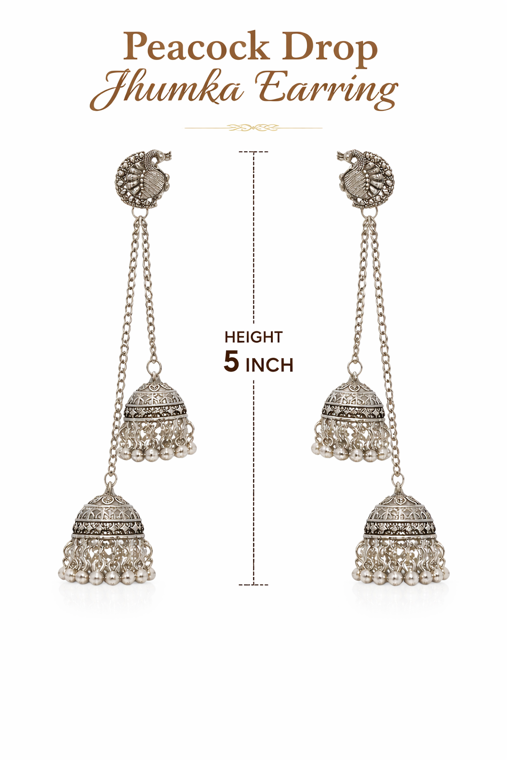 Antique Silver Oxidised Plated Long Drop Chain Double Jhumka Earrings with Round Peacock Stud & Ghungroo For Women (SJE_334_S_D3)