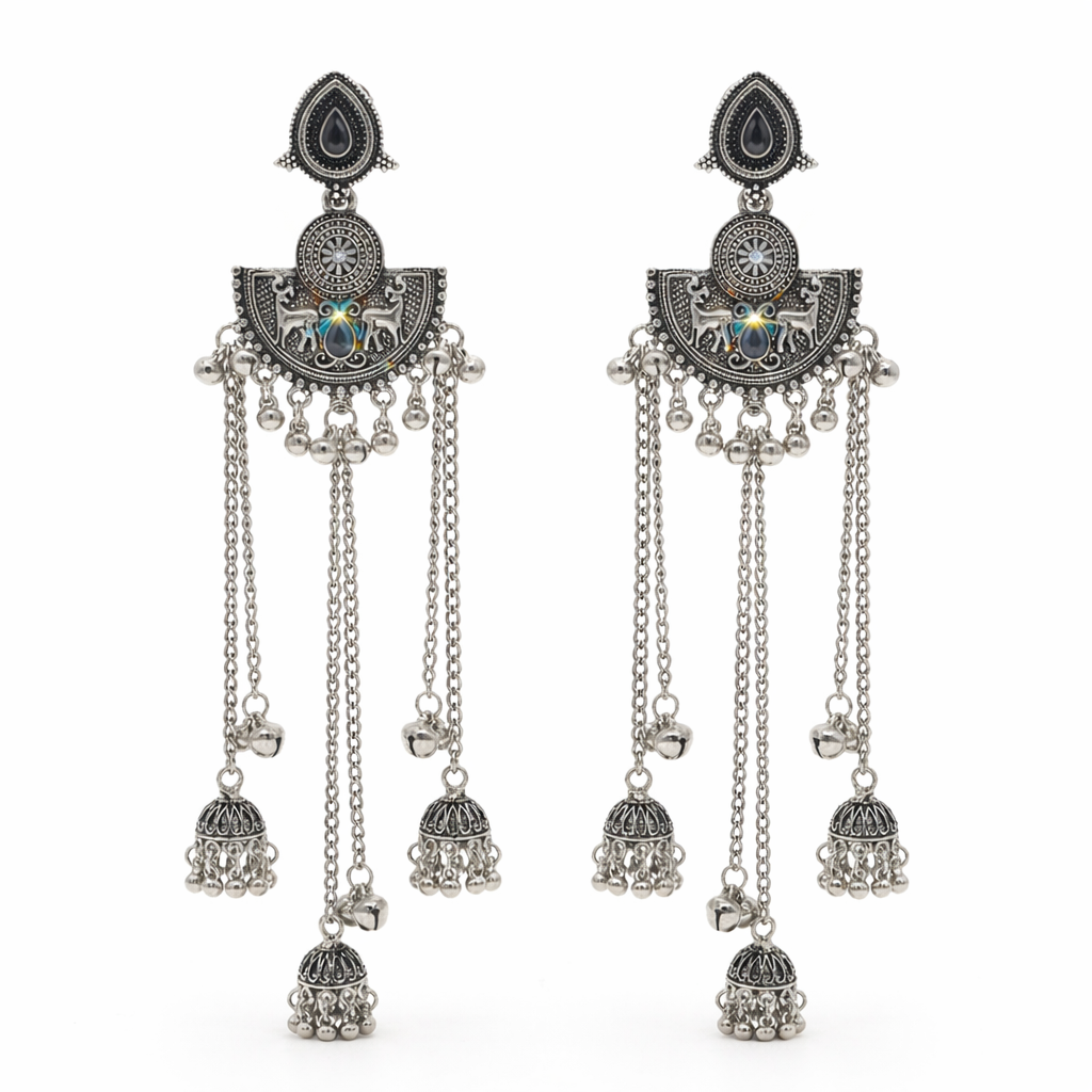 Antique Silver Oxidised Plated Long Dangler Drop Ghungroo Jhumka Earrings with Black Stone & Chain Tassels For Women (SJE_334_S_D4)