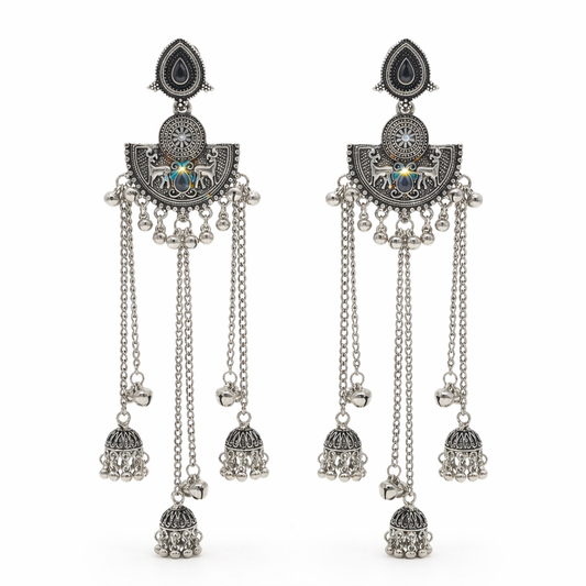 Antique Silver Oxidised Plated Long Dangler Drop Ghungroo Jhumka Earrings with Black Stone & Chain Tassels For Women (SJE_334_S_D4)