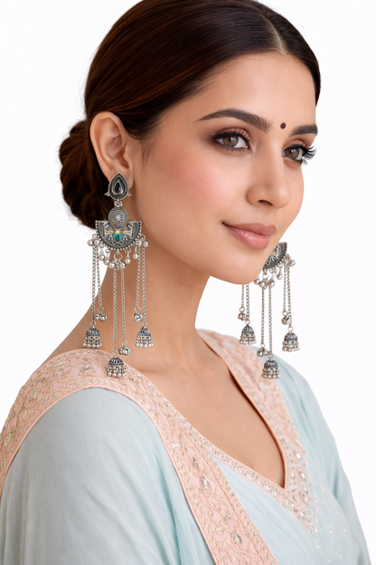 Antique Silver Oxidised Plated Long Dangler Drop Ghungroo Jhumka Earrings with Black Stone & Chain Tassels For Women (SJE_334_S_D4)