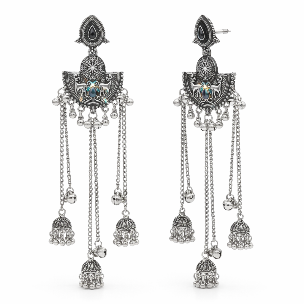Antique Silver Oxidised Plated Long Dangler Drop Ghungroo Jhumka Earrings with Black Stone & Chain Tassels For Women (SJE_334_S_D4)
