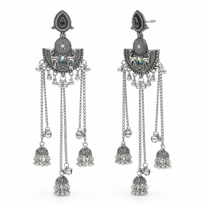 Antique Silver Oxidised Plated Long Dangler Drop Ghungroo Jhumka Earrings with Black Stone & Chain Tassels For Women (SJE_334_S_D4)