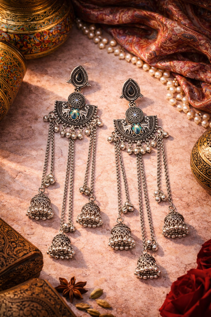 Antique Silver Oxidised Plated Long Dangler Drop Ghungroo Jhumka Earrings with Black Stone & Chain Tassels For Women (SJE_334_S_D4)