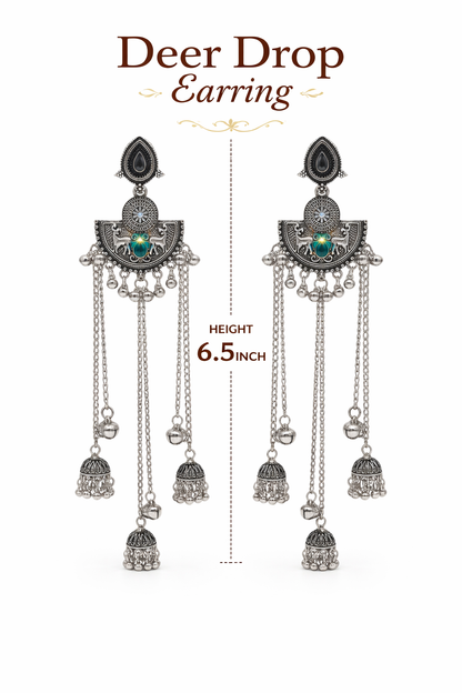 Antique Silver Oxidised Plated Long Dangler Drop Ghungroo Jhumka Earrings with Black Stone & Chain Tassels For Women (SJE_334_S_D4)