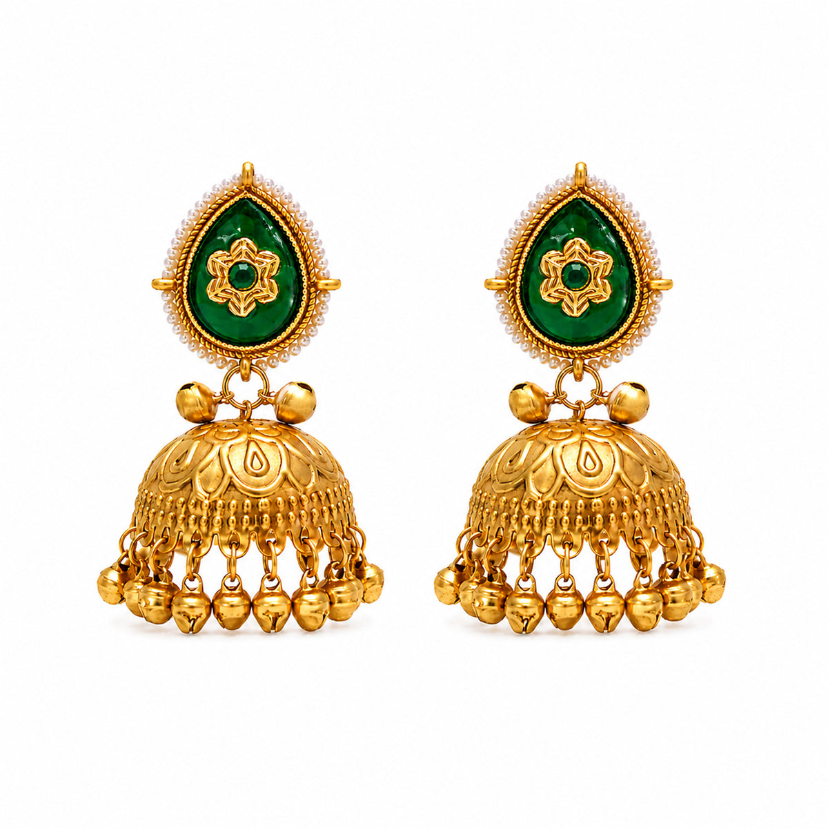 Matte Gold Plated Large Sized Jhumka Earings with Kundan Polki Ghungroo Pearls for Women - Green (SJE_335_G)