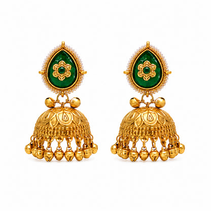 Matte Gold Plated Large Sized Jhumka Earings with Kundan Polki Ghungroo Pearls for Women - Green (SJE_335_G)
