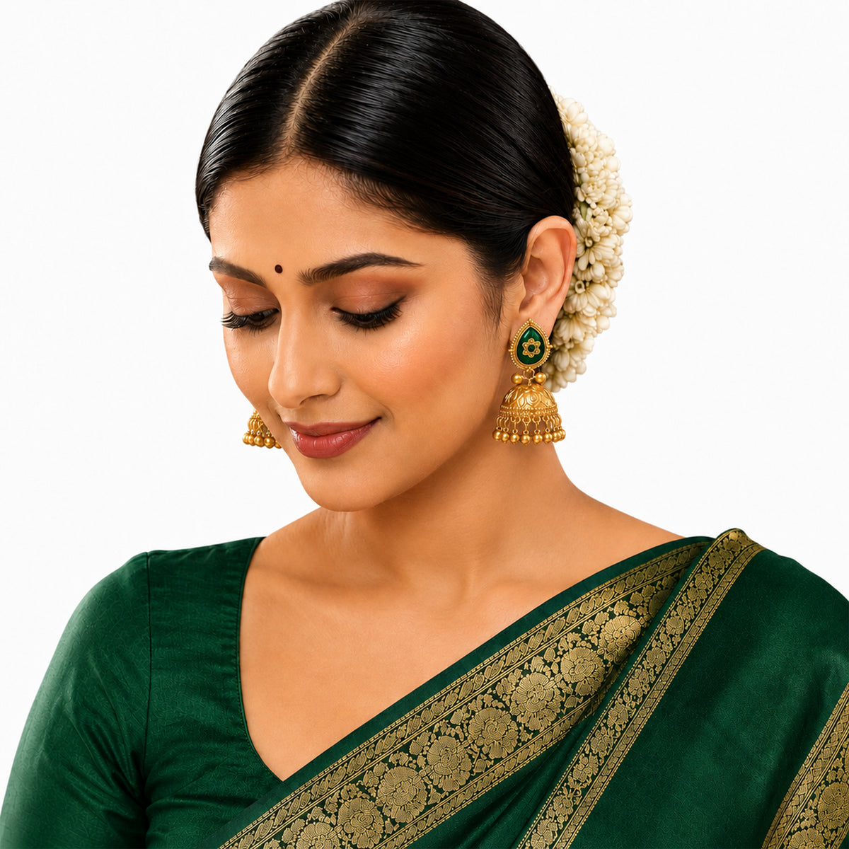 Matte Gold Plated Large Sized Jhumka Earings with Kundan Polki Ghungroo Pearls for Women - Green (SJE_335_G)
