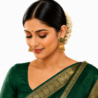 Matte Gold Plated Large Sized Jhumka Earings with Kundan Polki Ghungroo Pearls for Women - Green (SJE_335_G)