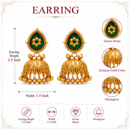 Matte Gold Plated Large Sized Jhumka Earings with Kundan Polki Ghungroo Pearls for Women - Green (SJE_335_G)