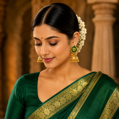 Matte Gold Plated Large Sized Jhumka Earings with Kundan Polki Ghungroo Pearls for Women - Green (SJE_335_G)