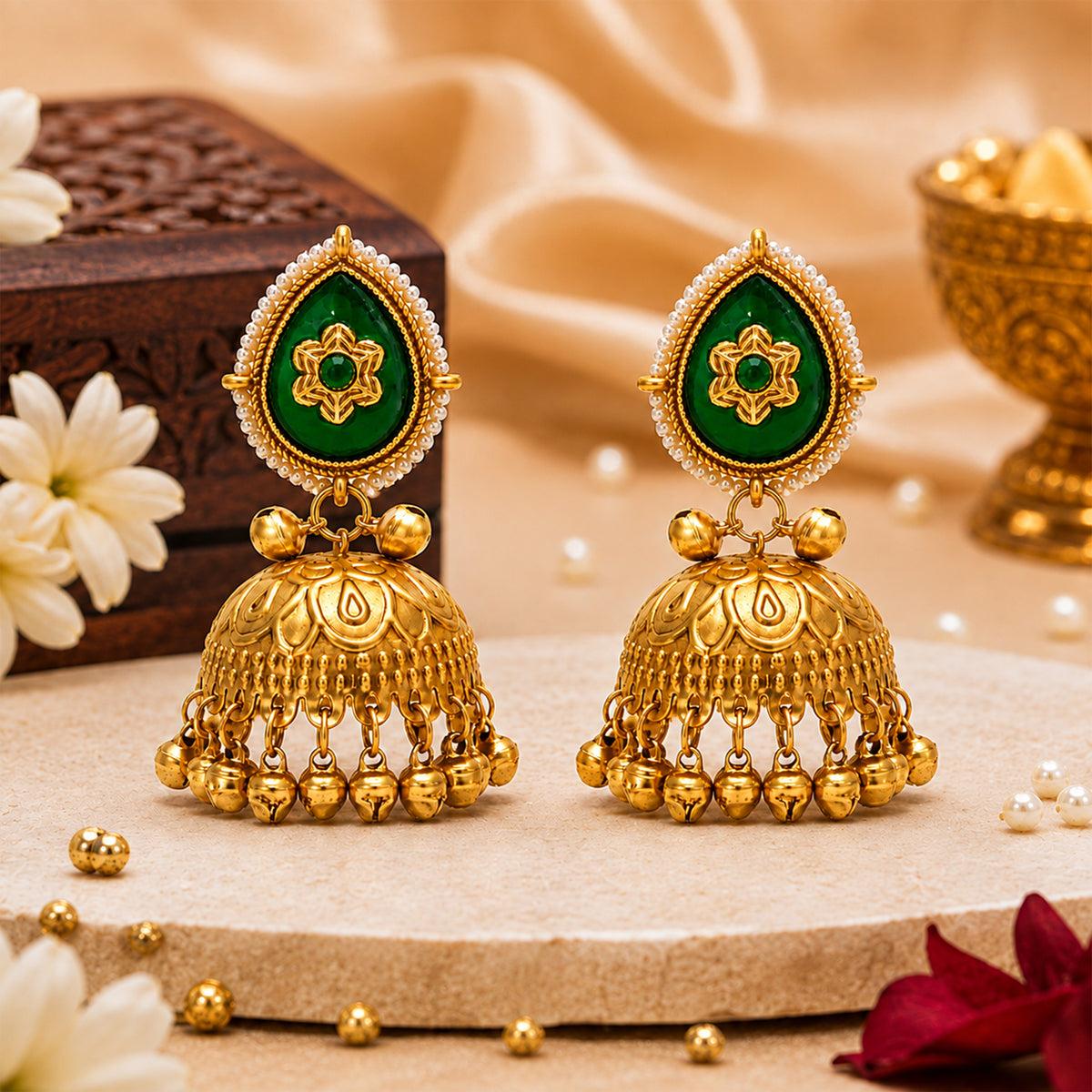 Matte Gold Plated Large Sized Jhumka Earings with Kundan Polki Ghungroo Pearls for Women - Green (SJE_335_G)