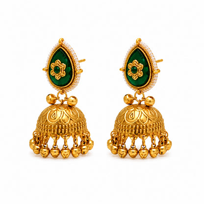 Matte Gold Plated Large Sized Jhumka Earings with Kundan Polki Ghungroo Pearls for Women - Green (SJE_335_G)