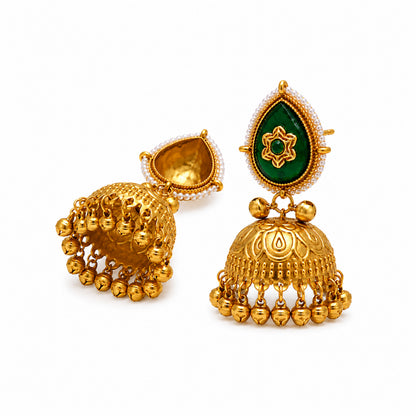 Matte Gold Plated Large Sized Jhumka Earings with Kundan Polki Ghungroo Pearls for Women - Green (SJE_335_G)