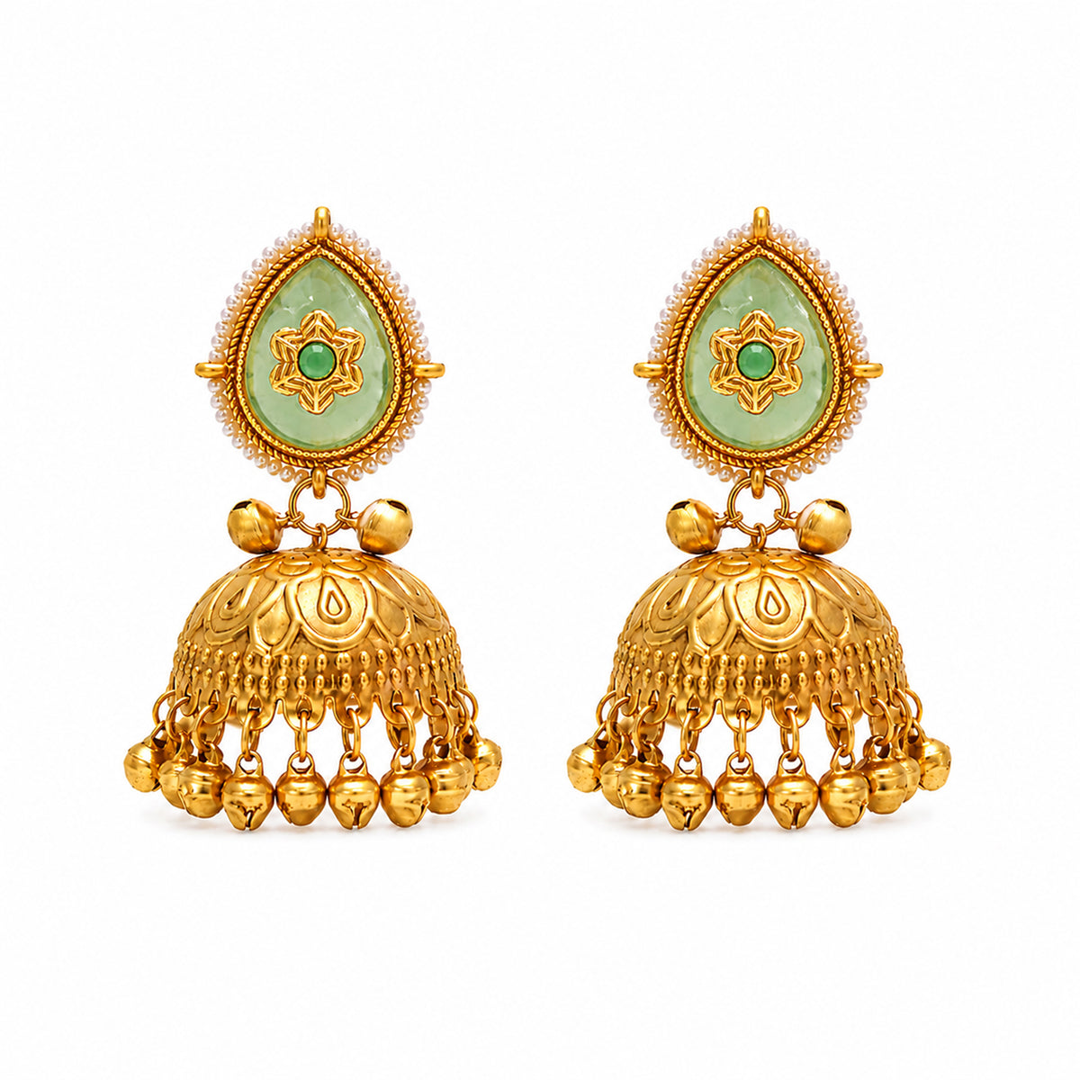 Matte Gold Plated Large Sized Jhumka Earings with Kundan Polki Ghungroo Pearls for Women - Light Green (SJE_335_LG)
