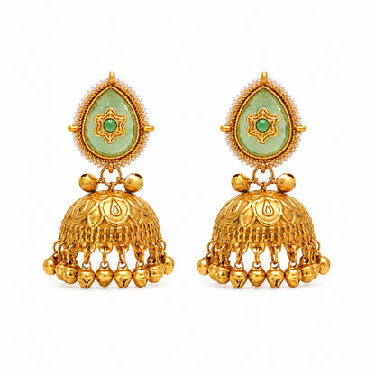 Matte Gold Plated Large Sized Jhumka Earings with Kundan Polki Ghungroo Pearls for Women - Light Green (SJE_335_LG)