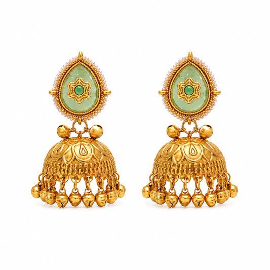 Matte Gold Plated Large Sized Jhumka Earings with Kundan Polki Ghungroo Pearls for Women - Light Green (SJE_335_LG)
