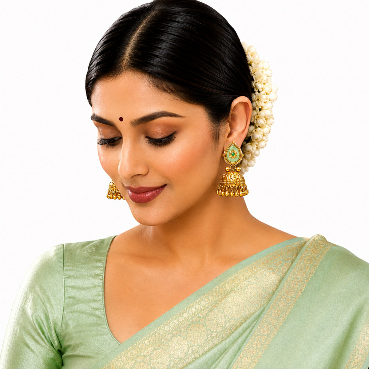 Matte Gold Plated Large Sized Jhumka Earings with Kundan Polki Ghungroo Pearls for Women - Light Green (SJE_335_LG)