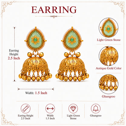 Matte Gold Plated Large Sized Jhumka Earings with Kundan Polki Ghungroo Pearls for Women - Light Green (SJE_335_LG)
