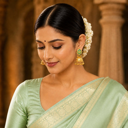 Matte Gold Plated Large Sized Jhumka Earings with Kundan Polki Ghungroo Pearls for Women - Light Green (SJE_335_LG)