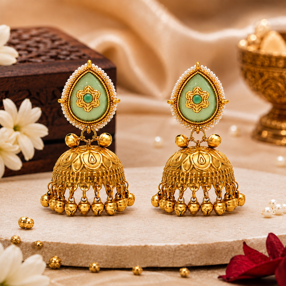 Matte Gold Plated Large Sized Jhumka Earings with Kundan Polki Ghungroo Pearls for Women - Light Green (SJE_335_LG)