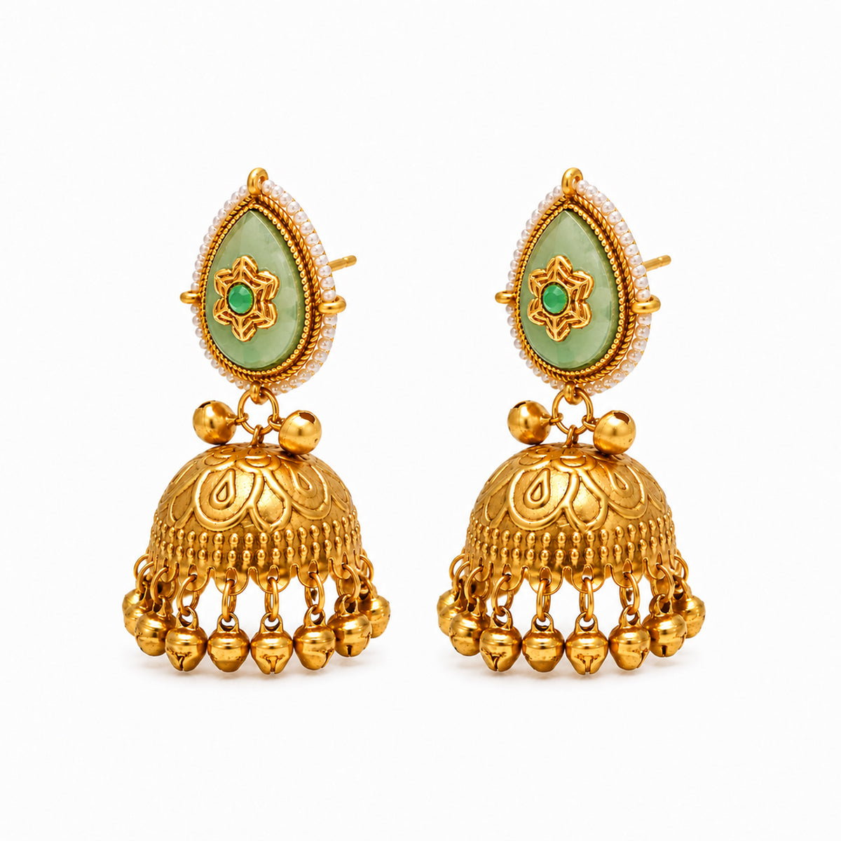 Matte Gold Plated Large Sized Jhumka Earings with Kundan Polki Ghungroo Pearls for Women - Light Green (SJE_335_LG)