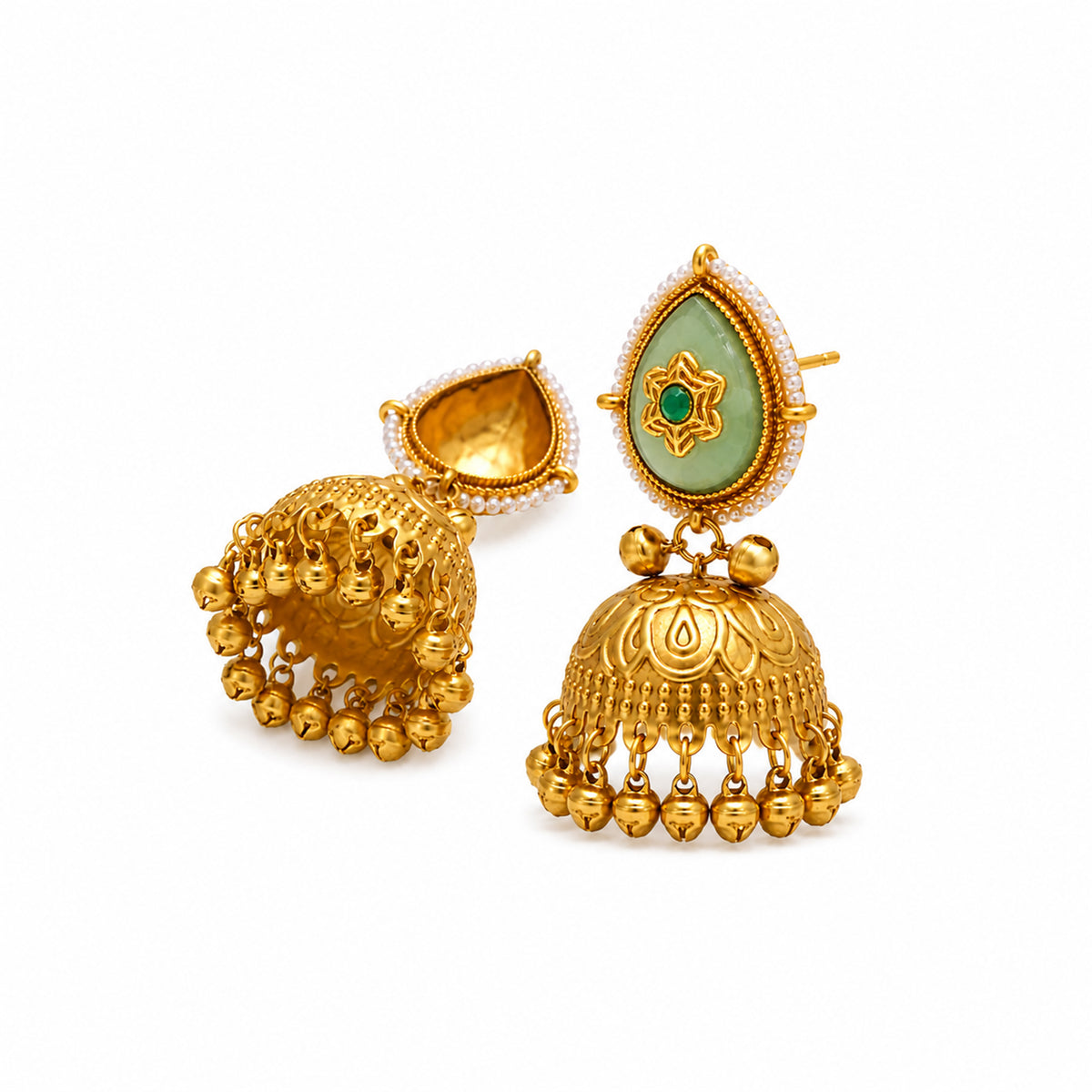 Matte Gold Plated Large Sized Jhumka Earings with Kundan Polki Ghungroo Pearls for Women - Light Green (SJE_335_LG)