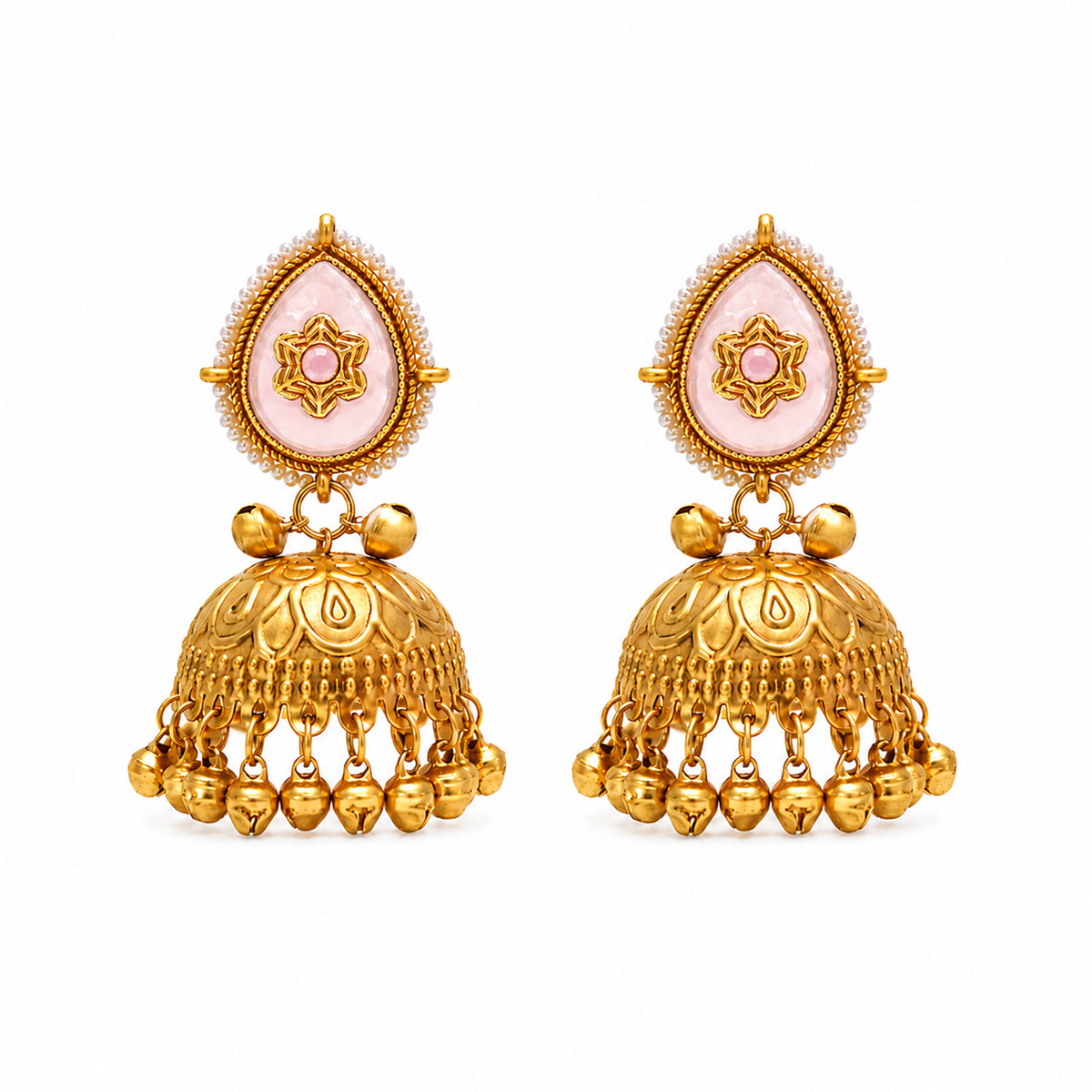 Matte Gold Plated Large Sized Jhumka Earings with Kundan Polki Ghungroo Pearls for Women - Light Pink (SJE_335_LP)
