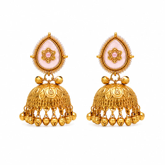 Matte Gold Plated Large Sized Jhumka Earings with Kundan Polki Ghungroo Pearls for Women - Light Pink (SJE_335_LP)