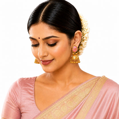 Matte Gold Plated Large Sized Jhumka Earings with Kundan Polki Ghungroo Pearls for Women - Light Pink (SJE_335_LP)