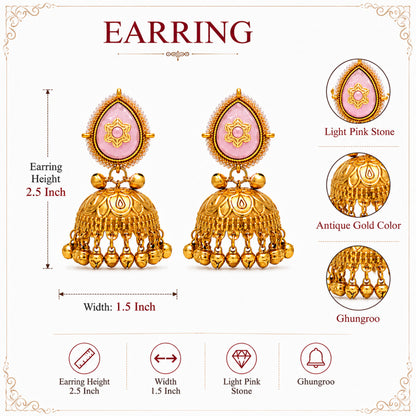 Matte Gold Plated Large Sized Jhumka Earings with Kundan Polki Ghungroo Pearls for Women - Light Pink (SJE_335_LP)