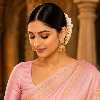 Matte Gold Plated Large Sized Jhumka Earings with Kundan Polki Ghungroo Pearls for Women - Light Pink (SJE_335_LP)