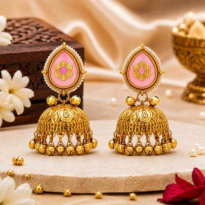 Matte Gold Plated Large Sized Jhumka Earings with Kundan Polki Ghungroo Pearls for Women - Light Pink (SJE_335_LP)