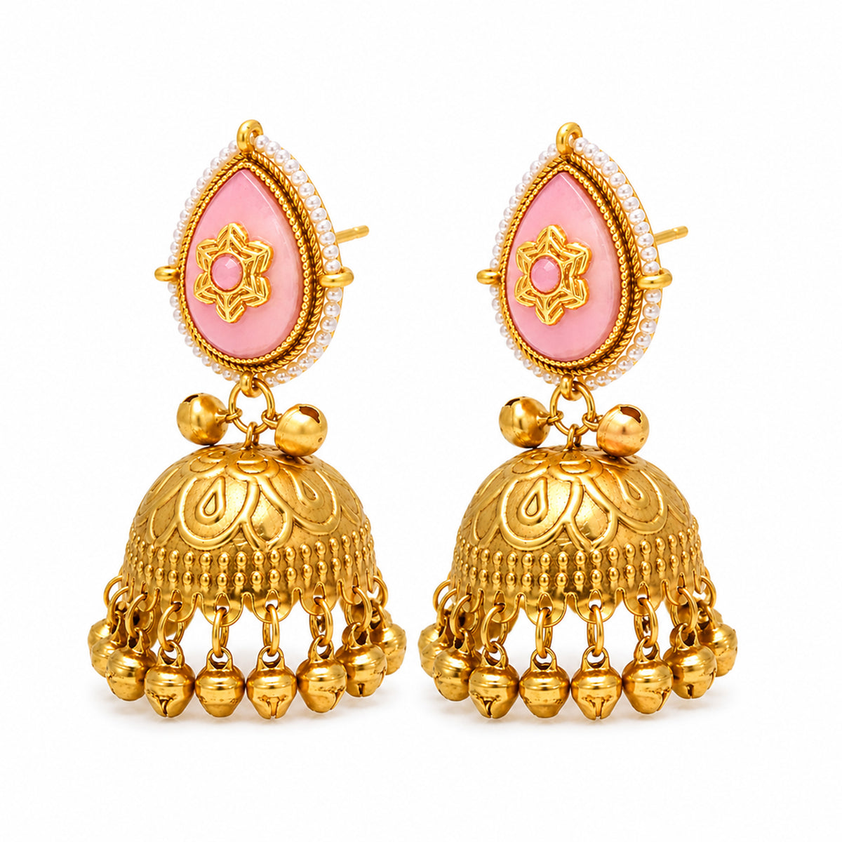 Matte Gold Plated Large Sized Jhumka Earings with Kundan Polki Ghungroo Pearls for Women - Light Pink (SJE_335_LP)