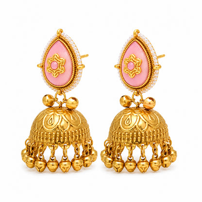 Matte Gold Plated Large Sized Jhumka Earings with Kundan Polki Ghungroo Pearls for Women - Light Pink (SJE_335_LP)