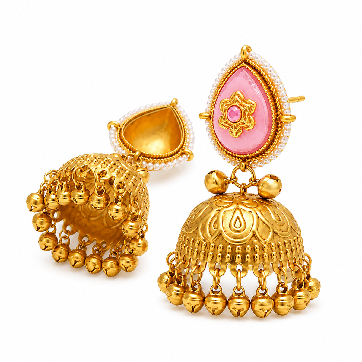 Matte Gold Plated Large Sized Jhumka Earings with Kundan Polki Ghungroo Pearls for Women - Light Pink (SJE_335_LP)