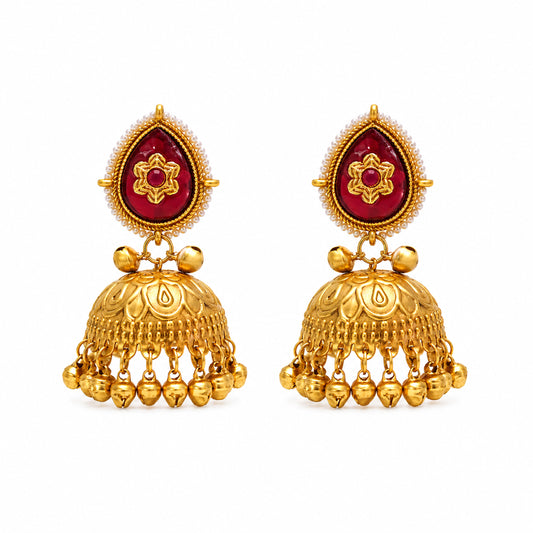 Matte Gold Plated Large Sized Jhumka Earings with Kundan Polki Ghungroo Pearls for Women - Maroon (SJE_335_LP)