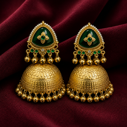 Matte Gold Plated Oversized Jhumka Earings with Kundan Polki Ghungroo Pearls for Women - Green (SJE_336_G)