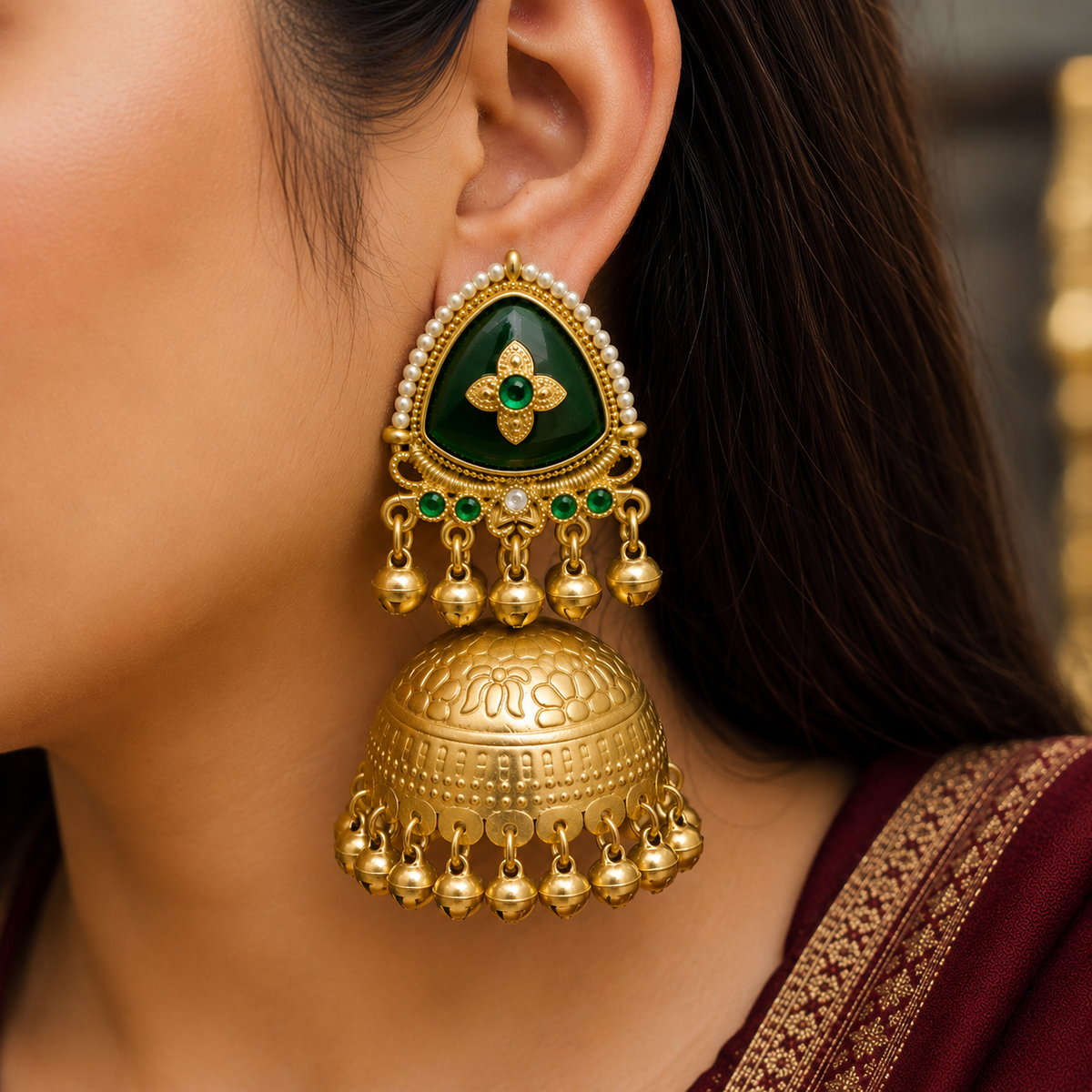 Matte Gold Plated Oversized Jhumka Earings with Kundan Polki Ghungroo Pearls for Women - Green (SJE_336_G)