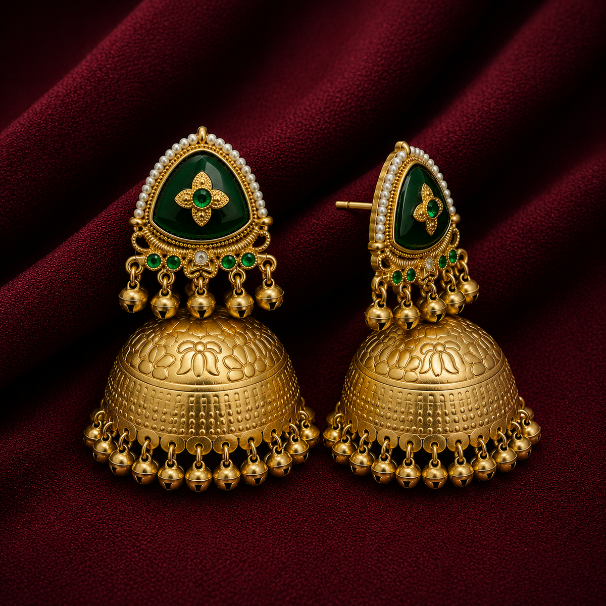Matte Gold Plated Oversized Jhumka Earings with Kundan Polki Ghungroo Pearls for Women - Green (SJE_336_G)